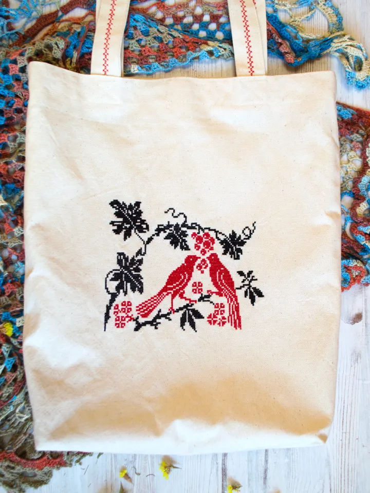 Tote Bag Birds and Berries — Hand Embroidered in Traditional Style