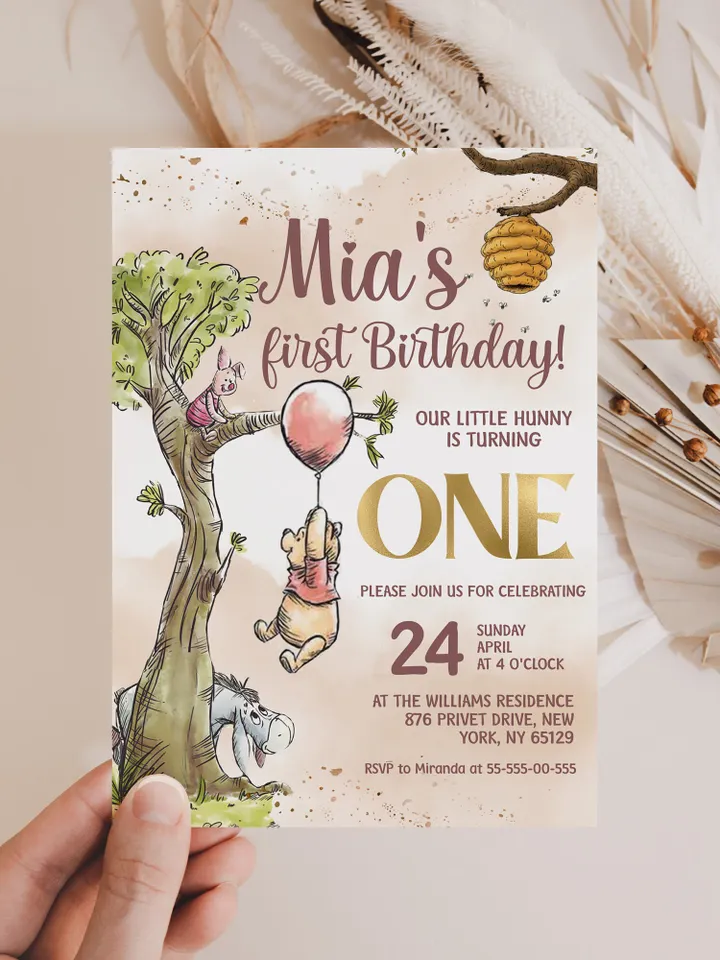 Classic Winnie Pooh Baby Birthday Invitation; Winnie Pooh Baby Birthday ; Greenery Baby Birthday; Honey Bear Birthday; Winnie Pooh wp6