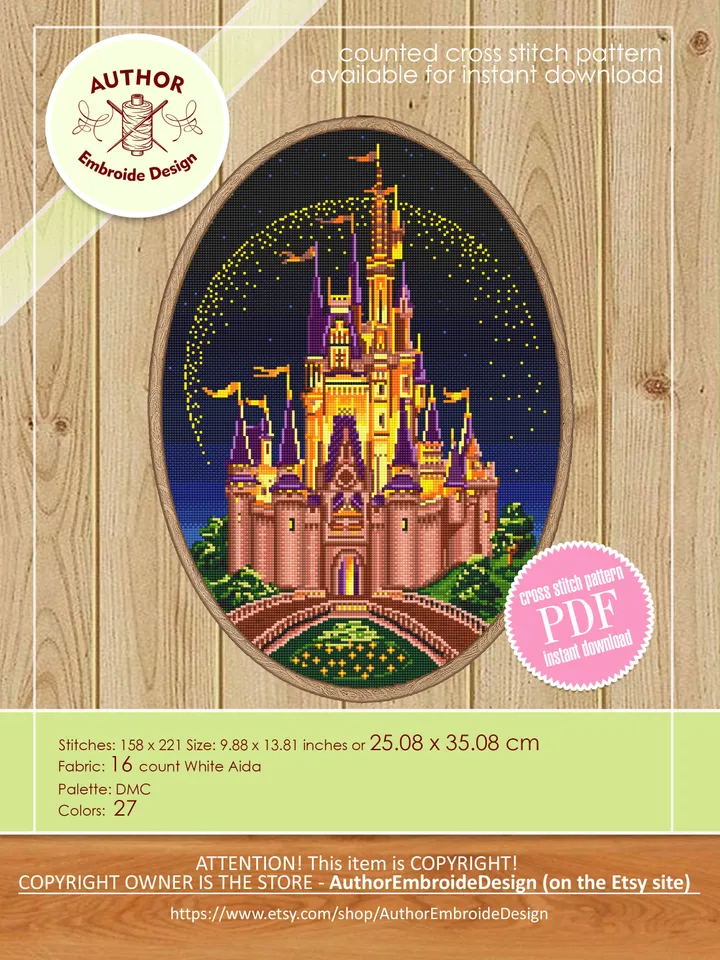 Cinderella castle cross stitch pattern download PDF Magic Kingdom cross stitch Fantasy night xstitch chart Castle princess embroidery #C2