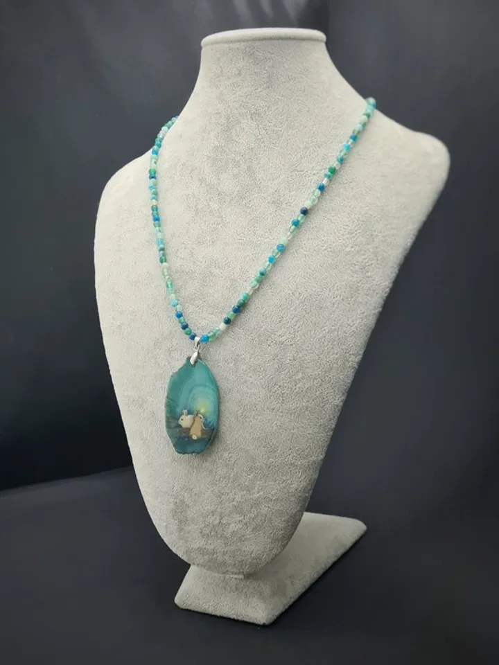 Necklace with two baby rabbit or hare Oil painting on green Agate pendant stone