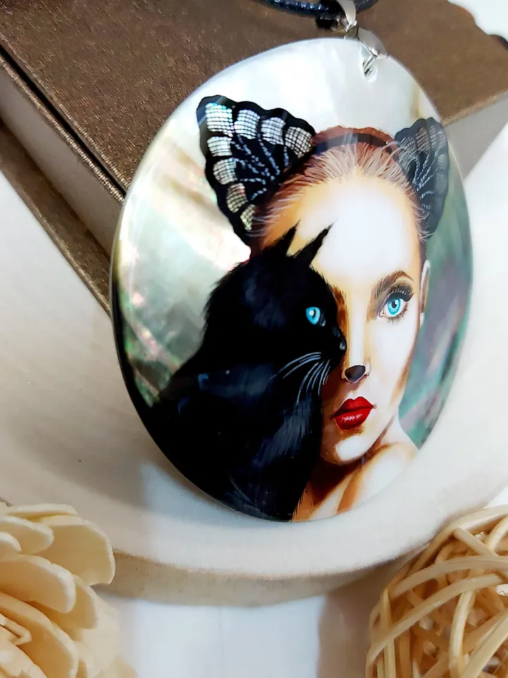Mother-of-pearl Russian hand-painted necklace pendant "Сatwoman" Jewelry Russian jewelry magic of painting fine art jewelry Fedoskino