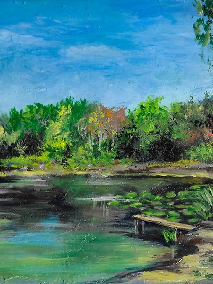 Birch painting Original acrylic art Dock painting Lake painting Forest landscape