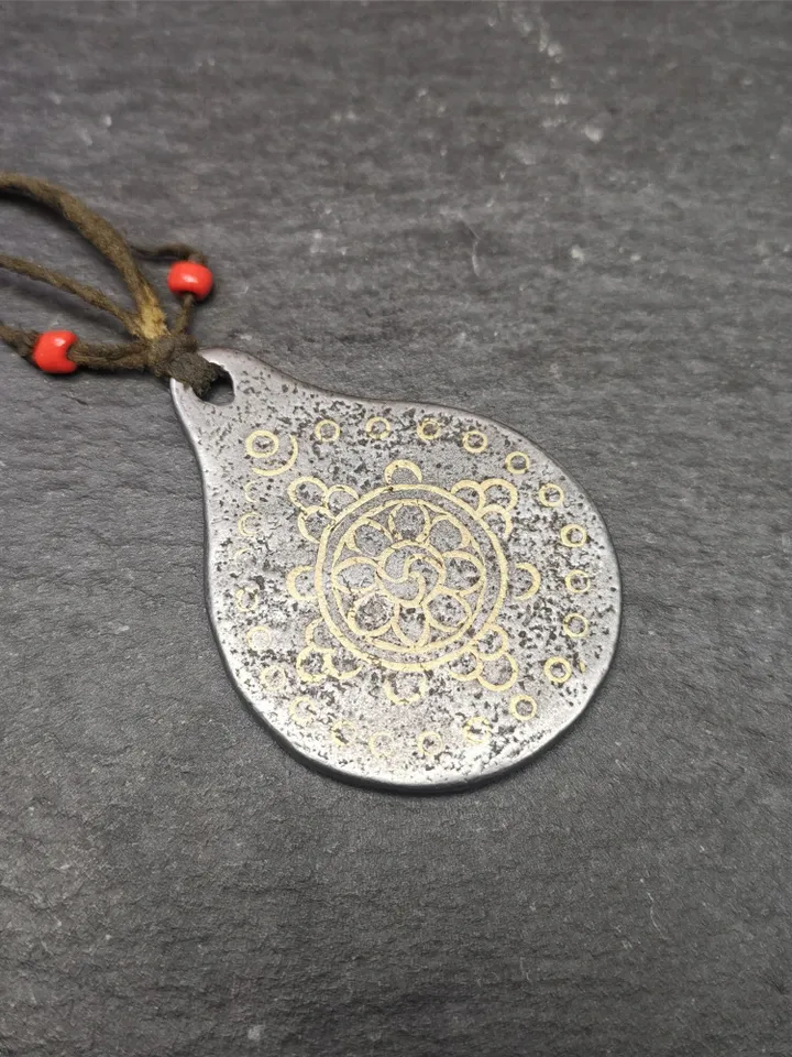 Gandhanra Handmade Tibetan Buddhism Amulet, Dharmachakra Symbol,Prayer Wheel of Dharma, Made of Cold Iron,1.85" × 1.42"