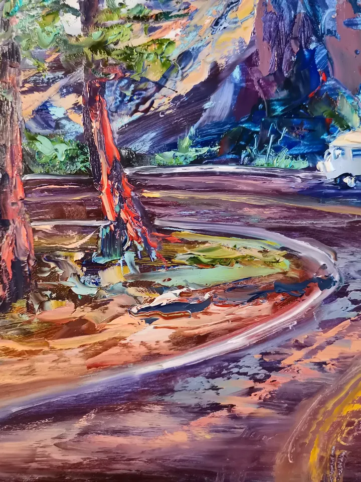 National Parks Trees Mountain Car Road Original Art Oil Painting Artist Svinar Oksana
