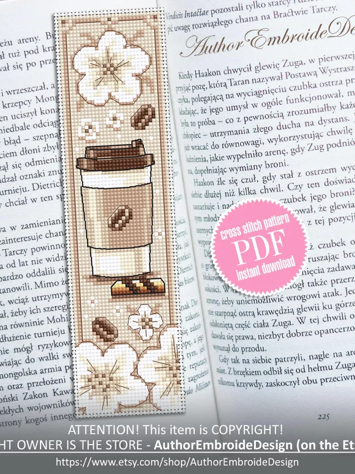 Coffee bookmark cross stitch pattern PDF download Takeaway Coffee cross stitch chart, Bookmark pattern digital PDF, Coffee lover gift #B375