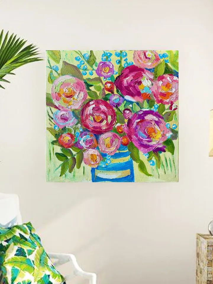 Roses bouquet painting, Original oil Painting on canvas, Flower fauvist art, floral wall art