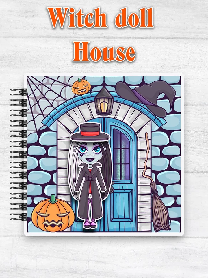 Printable Witch Paper doll house ,Halloween printable doll with a set clothes, Blythe paper doll dress up, Busy book printable crafts kids