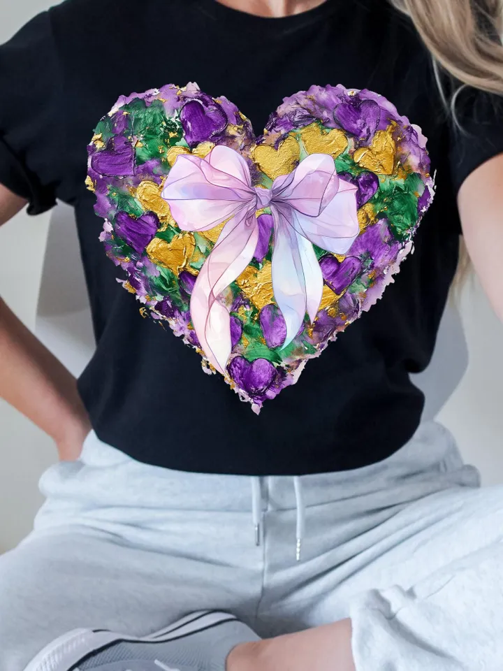 Mardi Gras Heart Brushstroke png, Coquette Bow Mardi Gras Shirt Mardi Beads Louisiana Festival,New Orleans Carnival Heart Brushstroke png