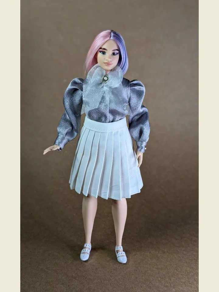 Handmade silk gray bow blouse for 1/6 scale fashion female dolls
