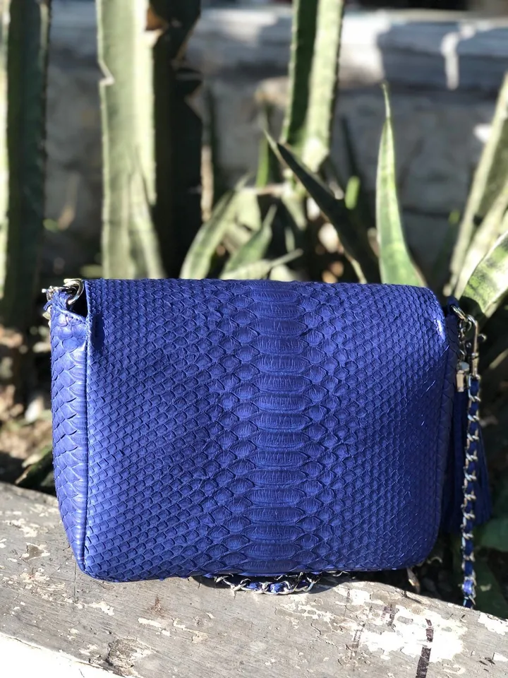 Genuine Python Skin Blue Crossbody Bag | Elegant Classy Leather Snake Python Bag Dark Blue | Women Bags | Chain Bag Indonesian Python Skin