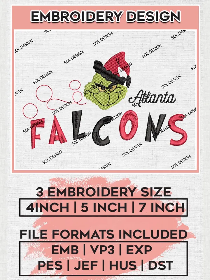 Christmas Grinch Atlanta Falcons Embroidery Designs, Grinch Embroidery Files, NFL Falcons Machine Embroidery Designs, NFL Atlanta Falcons Logo, NFL Christmas Machine Embroidery Design, Digital Download
