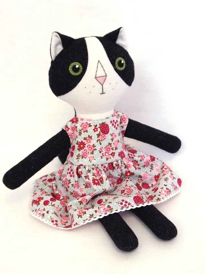 Tuxedo cat girl, handmade plush kitten toy, stuffed wool doll, soft cat toy