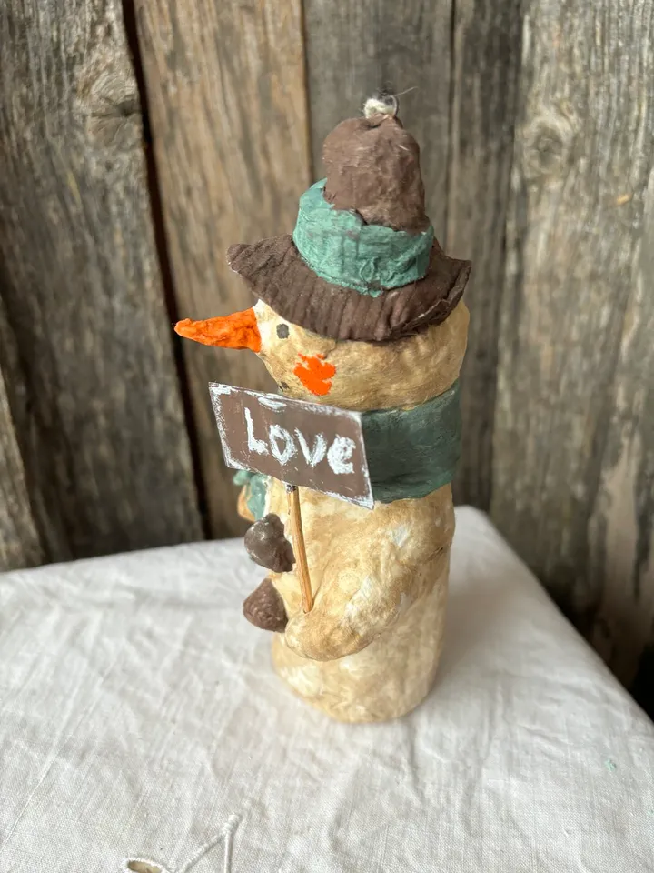 Handmade Christmas snowman in vintage style, cotton paper mache Free shipping