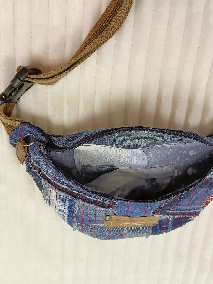 Small comfortable sling bag, handmade fanny pack, denim quilted belt bag of unusual design.