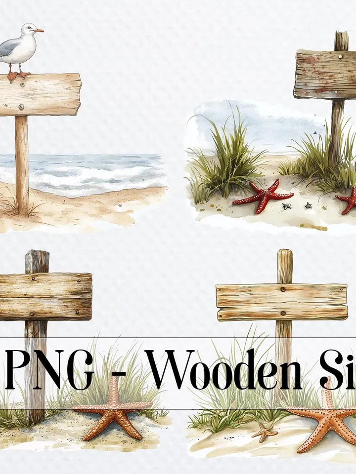13 Wooden Sign PNG Clipart Bundle, Beach Sign png, Nautical signs, Printable Watercolor clipart, Sublimation, Paper craft, junk journals