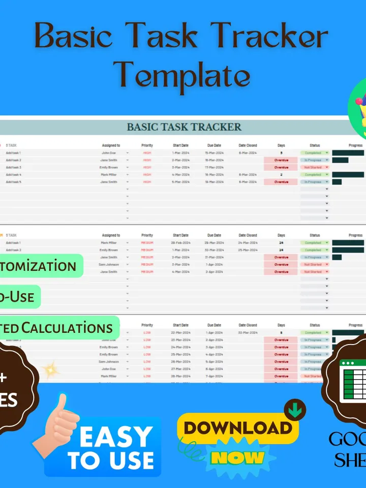 Basic Task Tracker Template, Editable Google Sheets, Simple Task Management Tool for Productivity