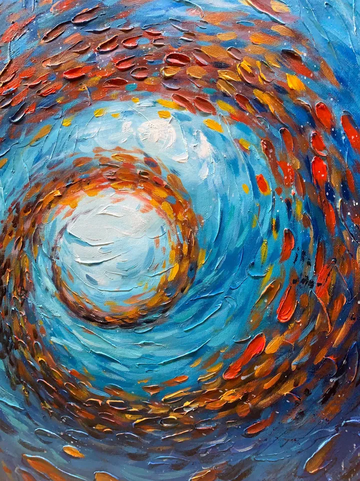 Original School of Fish Oil Painting On Canvas, Abstract Blue Underwater World Art, Ocean Painting, Custom Painting, Living Room Wall Art