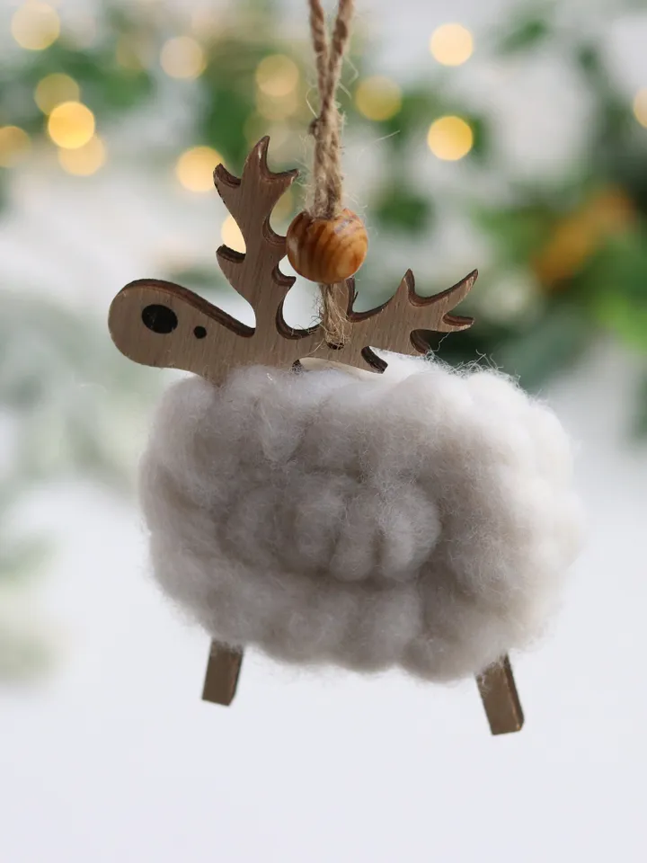 Christmas reindeer ornament wood/wool decor Winter Festive hanging deer decoration