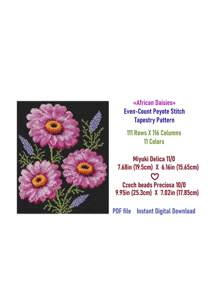 Even-Count Peyote Stitch Beaded Tapestry, Banner, Postcard, «African Daisies» Pattern, PDF instant download