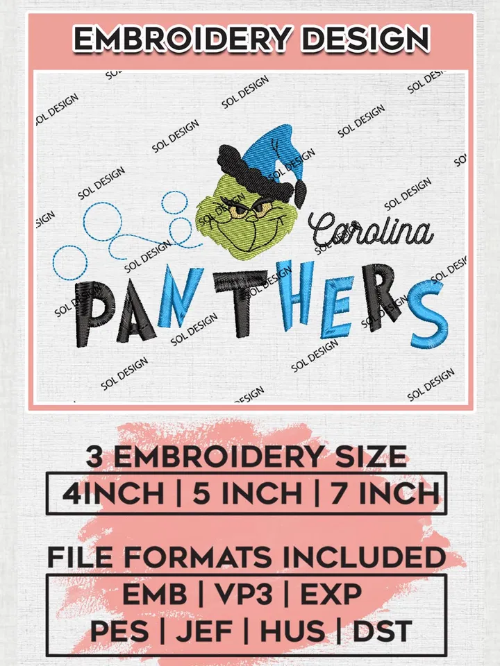 Christmas Grinch Carolina Panthers Embroidery Designs, Grinch Embroidery Files, NFL PanthersMachine Embroidery Designs, NFL Carolina Panthers Logo, NFL Christmas Machine Embroidery Design, Digital Download