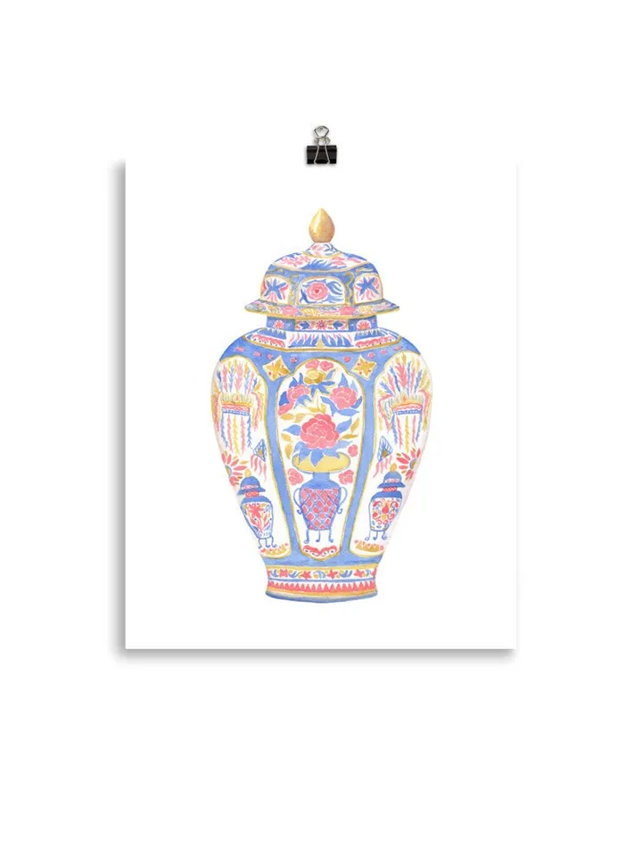Blue Chinoiserie Vase Watercolor Painting, Pink Ginger Jar Art, Chinoiserie Chic Art, Hamptons Style, Vintage Chinoiserie, Charleston Art