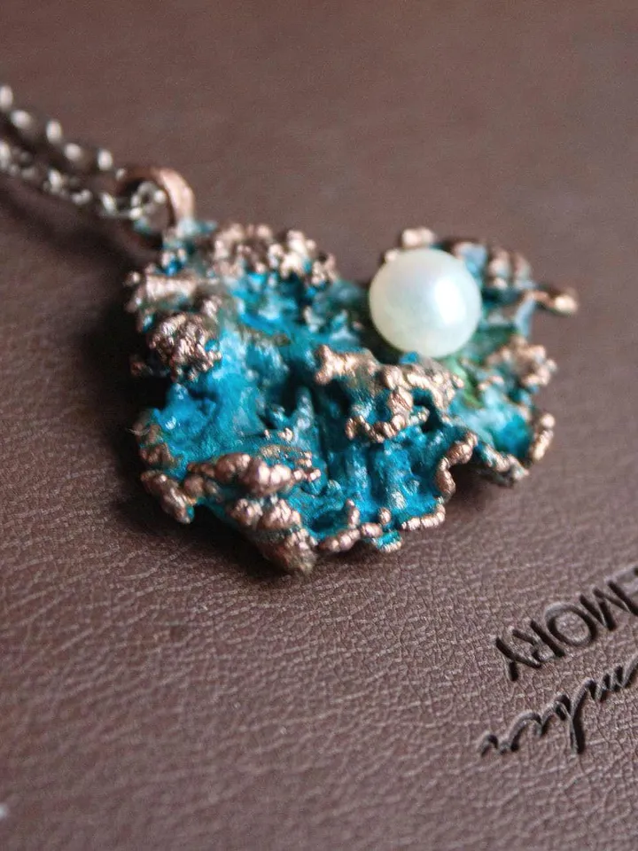 Original handmade copper electroformed pendant made of natural moss with pearl
