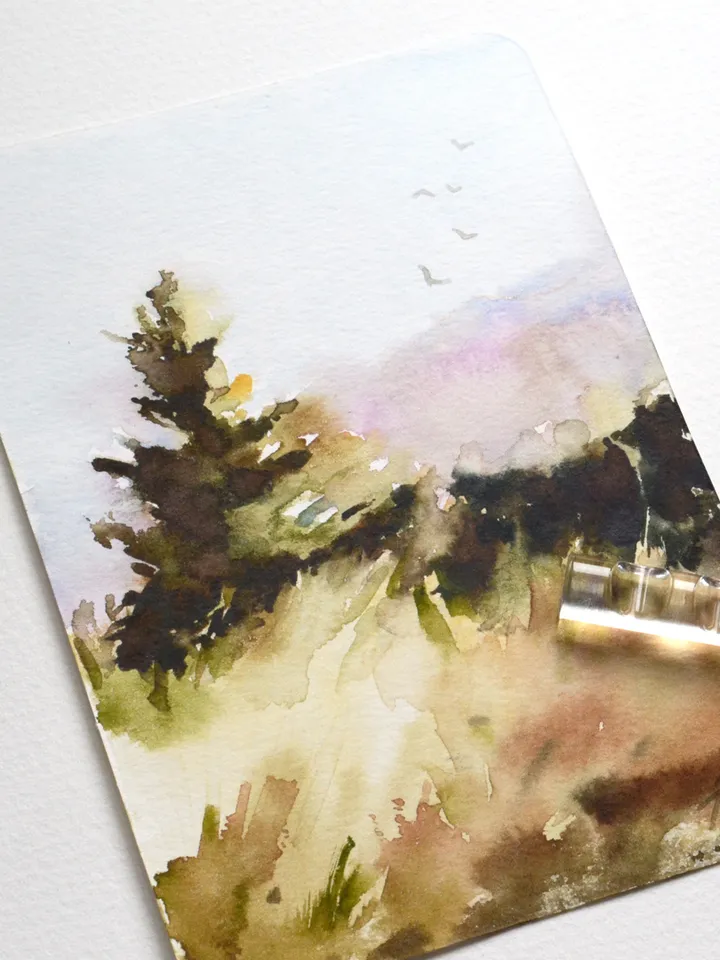 Small watercolor landscape Original postcard Spruce painting