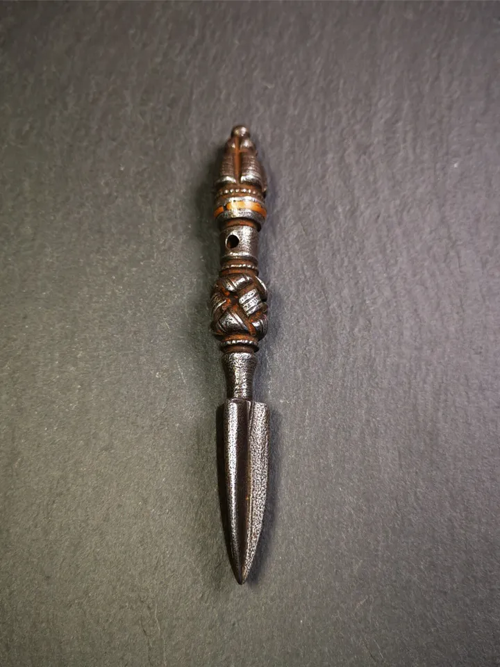 Gandhanra Handmade Tibetan Buddhist Ritual Implement - Kila -Dorje Phurba,Made of Cold Iron inlaid with Copper,5.1"