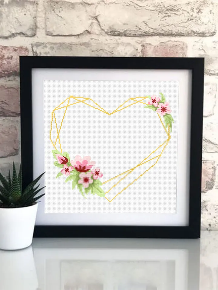 Floral heart frame cross stitch pattern download PDF Your text here, Wedding cross stitch, Valentine stitch, Flower wreath cross stitch #Y5