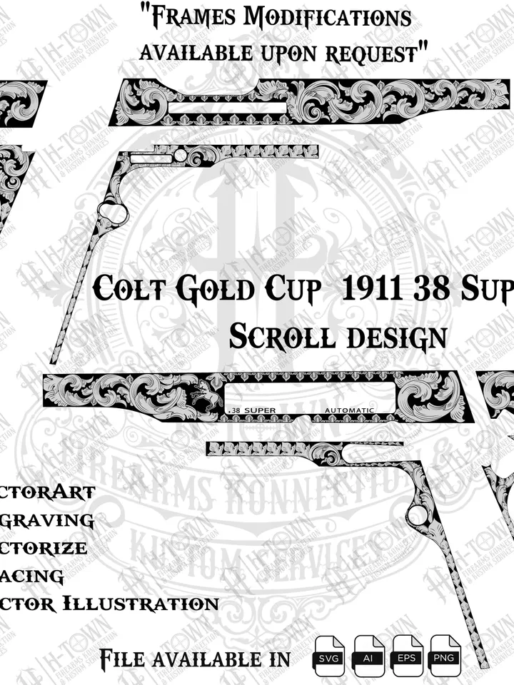 Colt Gold Cup 1911 .38 super Scroll Design Engraving | Slide Vector Design | Laser Ready Svg PNG EPS AI | Custom Pistol Art