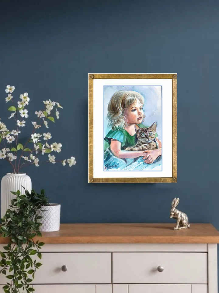 A girl with a kitten, watercolor painting, Portrait of a little girl