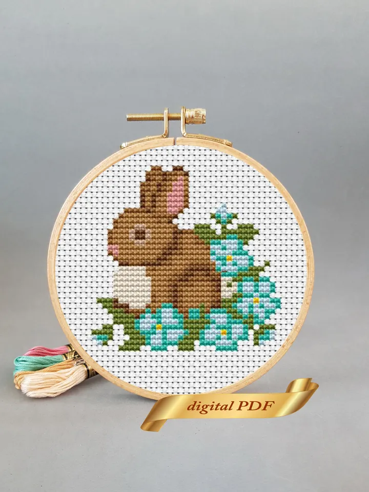 Easter pattern pdf cross stitch, Easy embroidery DIY, small pattern rabbit