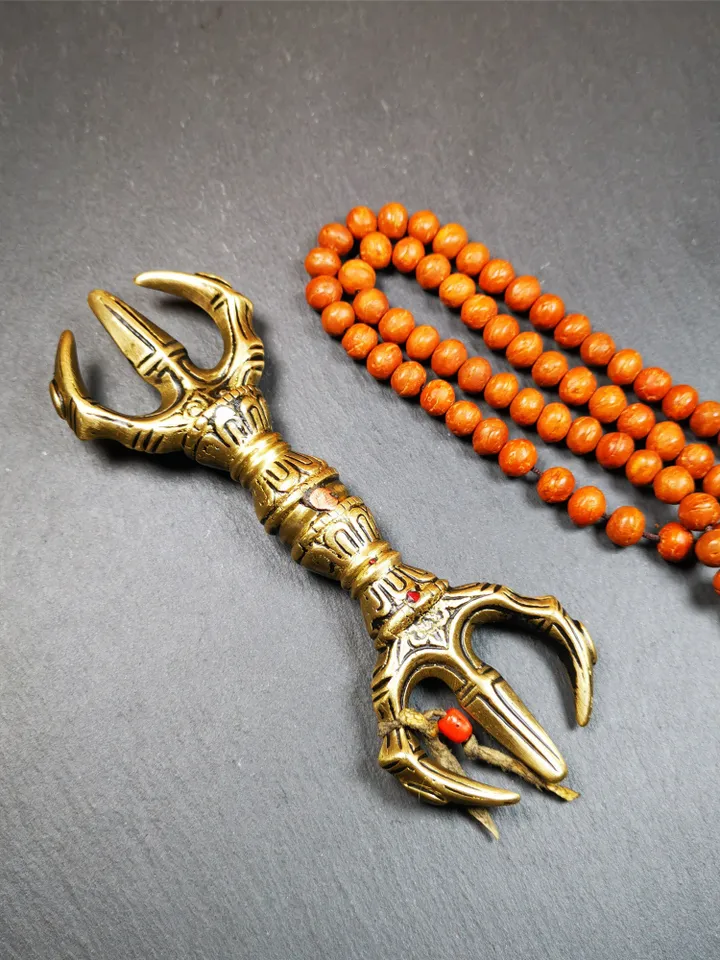 Gandhanra Unique Flat Three-pronged Vajra Dorje,Tibetan Buddhism (Vajrayana) Ritual Implement,Made of Brass,30 Years Old