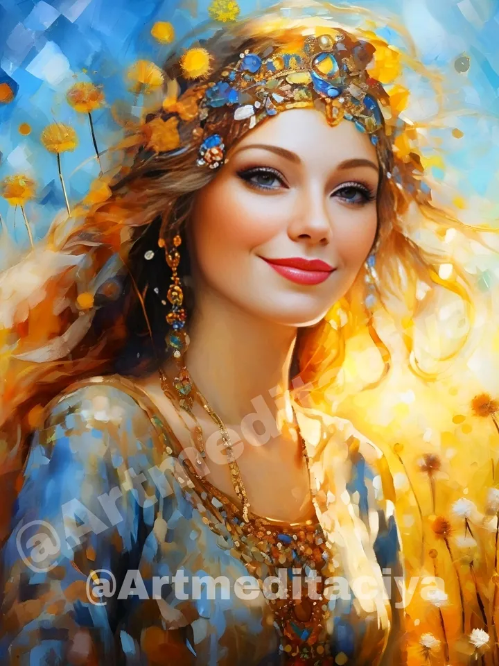 Digital abstract modern painting "Yellow Summer", a blue-eyed Slavic woman with wavy red hair in ethnic gold jewelry" on an abstract yellow-blue background of a summer landscape with dandelions, hair decorated with a bandage in the style of pasty oil pain