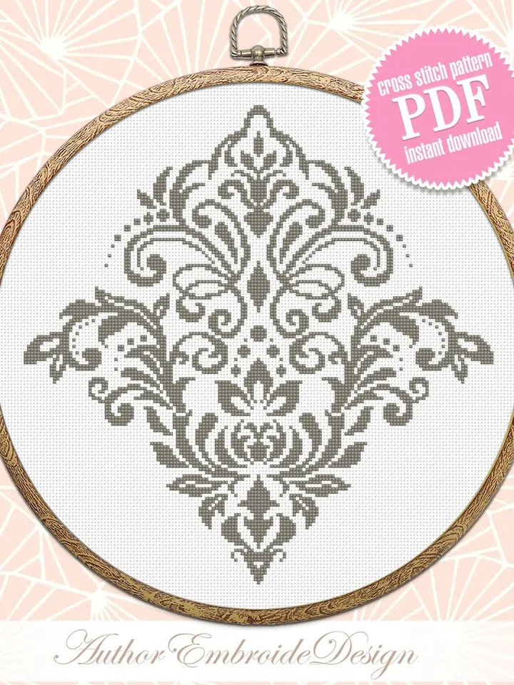 Floral damask ornament cross stitch pattern PDF download Flower mandala cross stitch chart, Floral scroll, Damask pattern digital PDF #M253