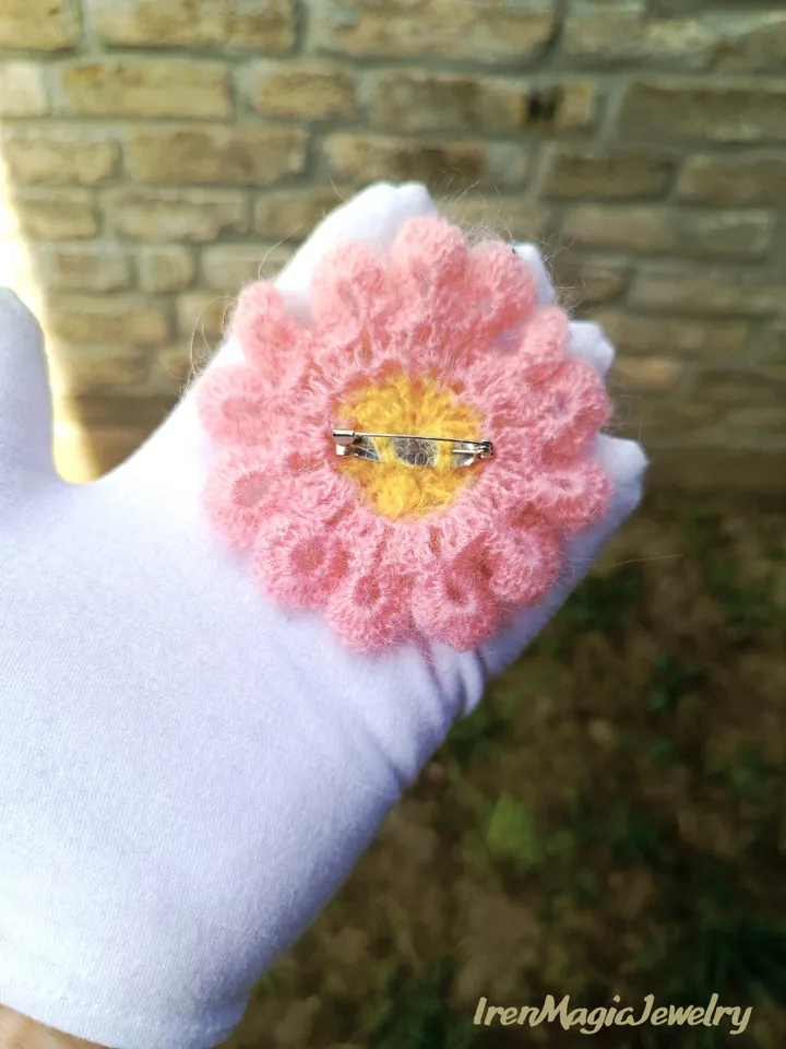Pastel Mohair Flower Brooch in Pink, Beige and Yellow
