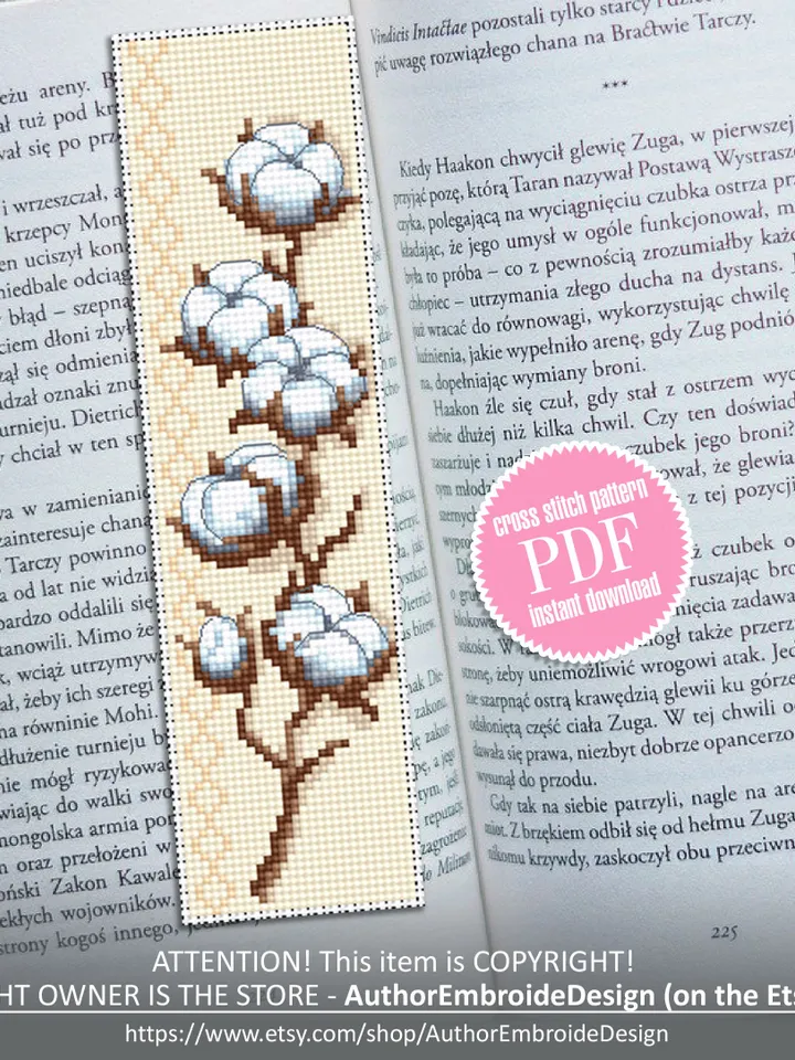 Cotton plant bookmark cross stitch pattern PDF download Modern handmade bookmark digital PDF, Floral cross stitch chart, Bavovna plant #B138