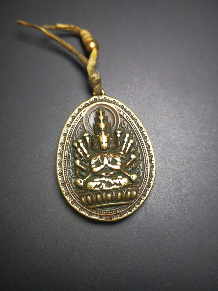 Gandhanra Antique Tibetan Buddhist Protective Pendant,Double Sided Avalokitesvara Amulet,Padmapani,Kuanyin Pendant,Made of Brass
