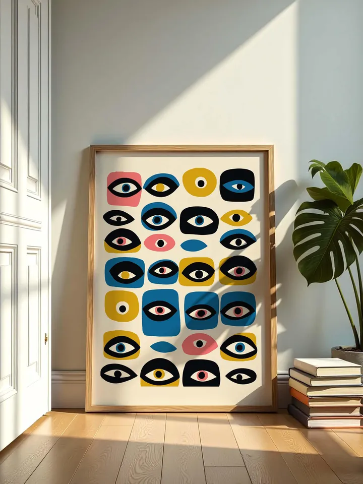 Colorful Eye Wall Poster, Whimsical Abstract Eye Art, Retro Grid Design, Mid Century Digital Print, Home Decor, Instant Download, crayz eyes