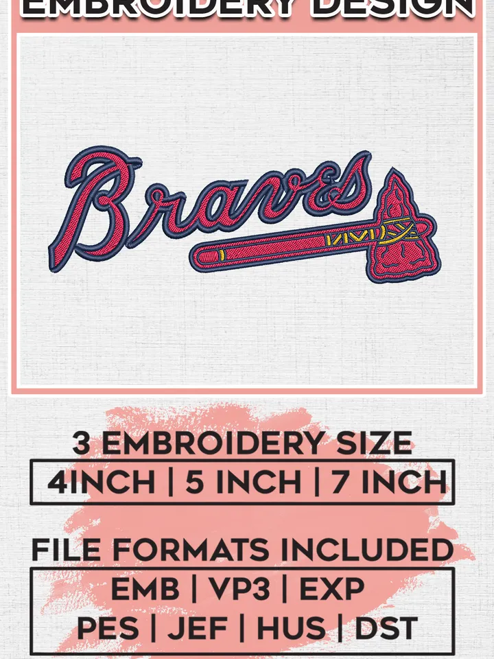 MLB Braves Baseball Team Logo Embroidery Design, MLB Atlanta Braves Embroidery files, Baseball Team, Atlanta Braves Design, Digital Download