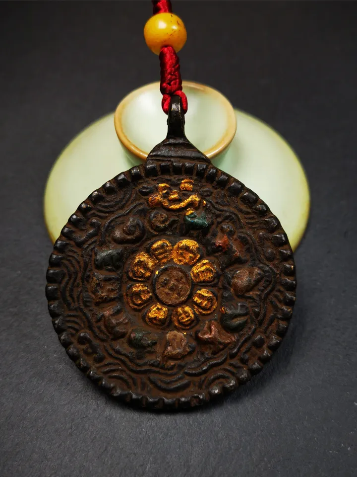 Gandhanra Vintage Tibetan Buddhist Calendar Badge, Black Dakini,Troma Nagmo Melong Mirror, SIPAHO Amulet(srid pa ho),Made of Thokcha,2.2"