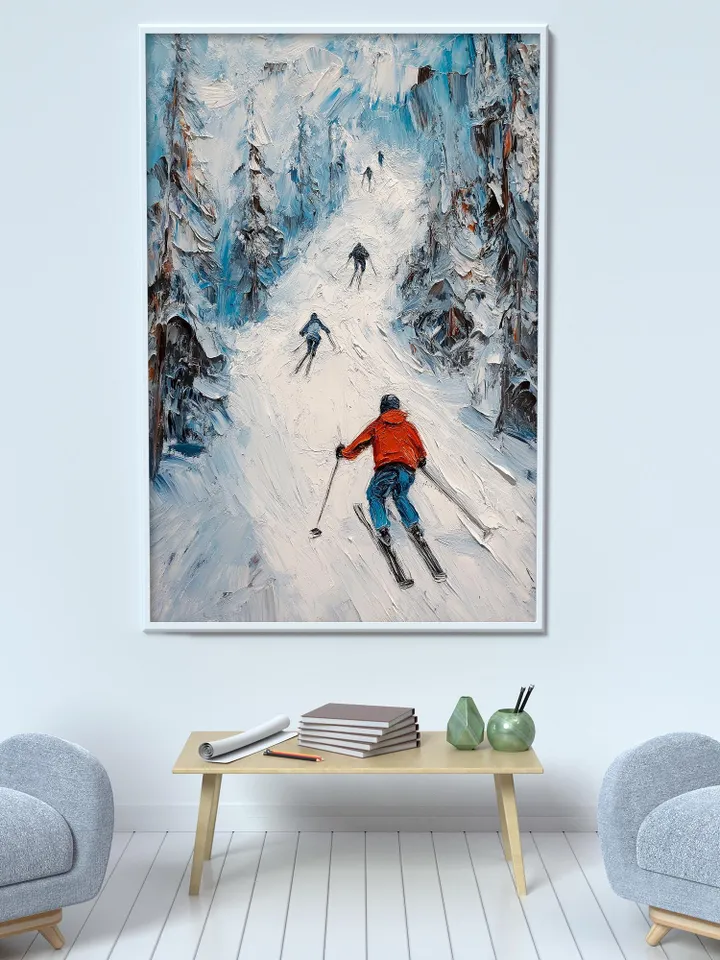 Skiing Painting, Winter Sports Art, Impasto Snow Landscape, Mountain Art, Downhill Skiing, Textured Wall Art, Original Painting,Office Decor