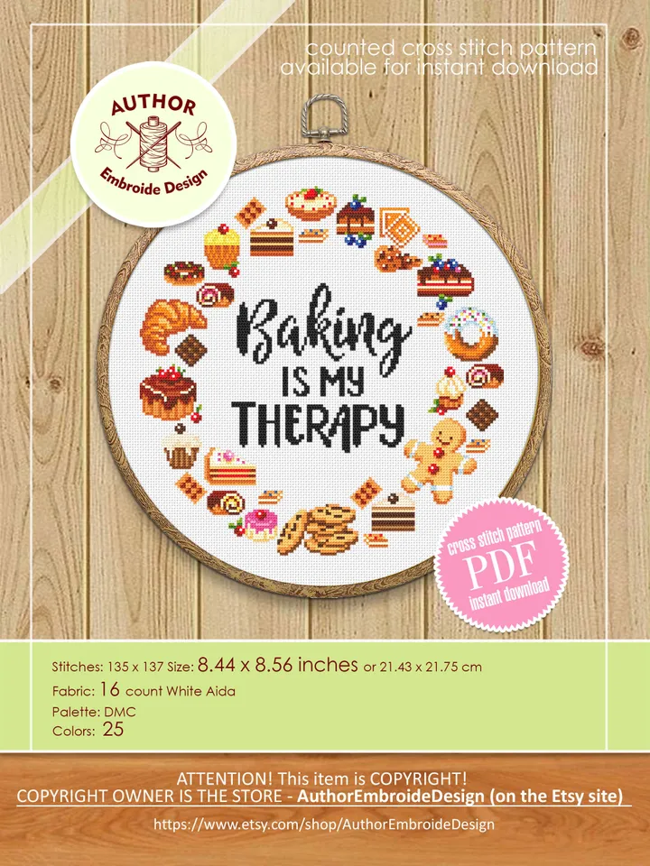 Dessert wreath cross stitch pattern PDF download Cross stitch quote Baking is my therapy, Kitchen pattern digital PDF, Funny quotes #Q59