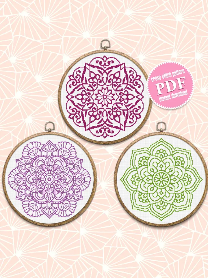Flower mandala set cross stitch pattern download PDF Monochrome mandala cross stitch chart, Easy mandala pattern PDF, DIY Home decor #S3