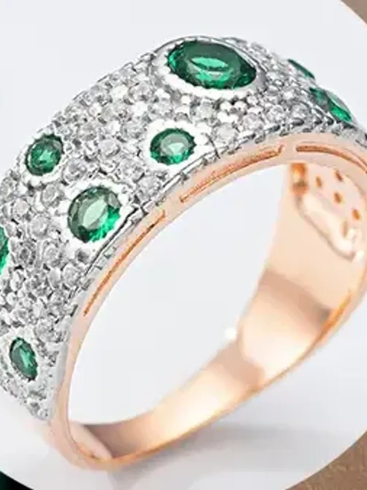 Women's ring 925 silver, gold plated with cubic zirconia and emerald