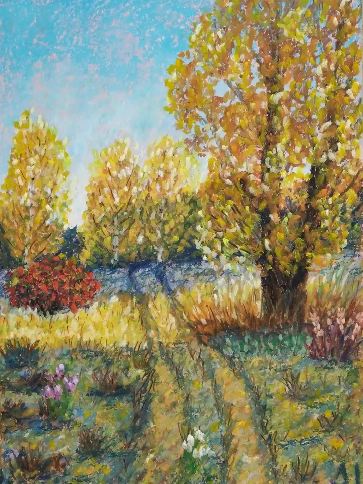 Oil painting in pastel. The rich gold of autumn
