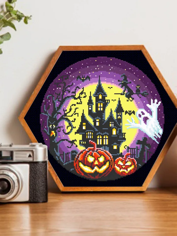 Halloween cross stitch pattern download PDF Spooky haunted house cross stitch chart, Halloween pattern digital PDF, Ghost, Pumpkin #H7