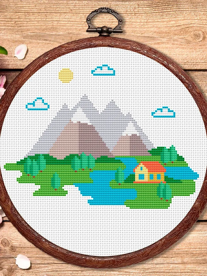 Mountain Landscape Cross Stitch Pattern, Island Cross Stitch, Embroidery Travel, Travel Cross Stitch Pattern, Modern Cross Stitch #trl005