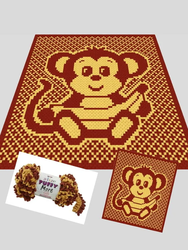 Loop yarn Finger knitted Monkey with banana blanket pattern