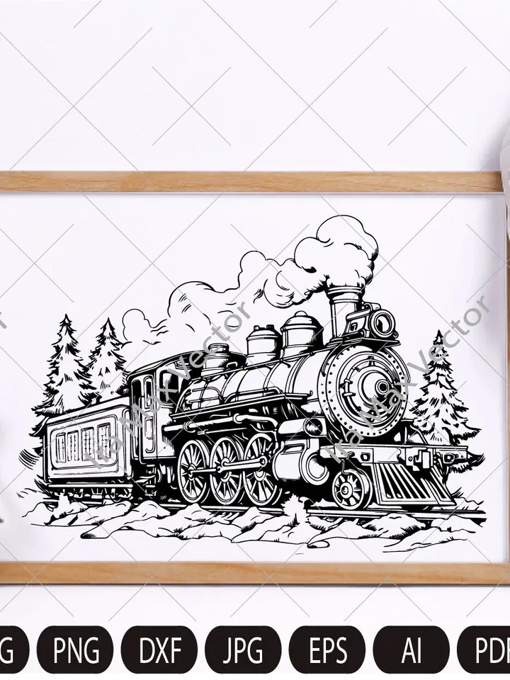 Steam locomotive retro vector,Old train svg,Locomotive svg,Locomotive in the forest, Vintage transport old train,Train retro SVG PNG
